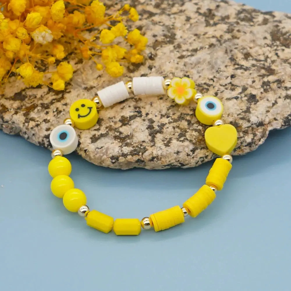 Evil Eye Bracelet | Happy Face | Smiley | Flowers | Yellow | Heishi Clay Beads | Protection | Good Luck Charm | Talisman | Jewelry | Gift Crystal Eyes It