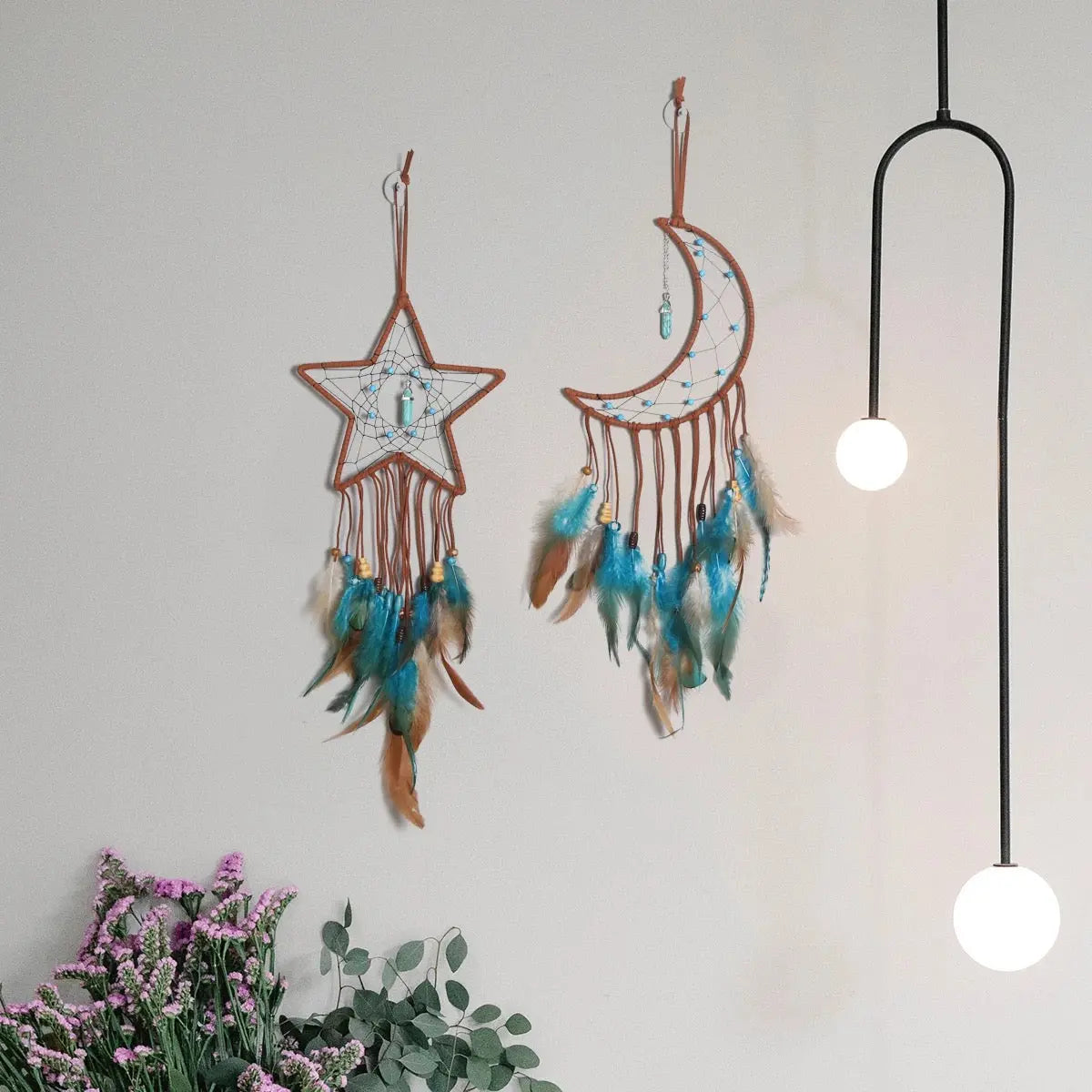 Star Moon Dreamcatcher | Dream Catcher | Wall Hanging Decoration | Boho | Brown | Teal | Blue | Green | Feathers | Art | Gift Crystal Eyes It