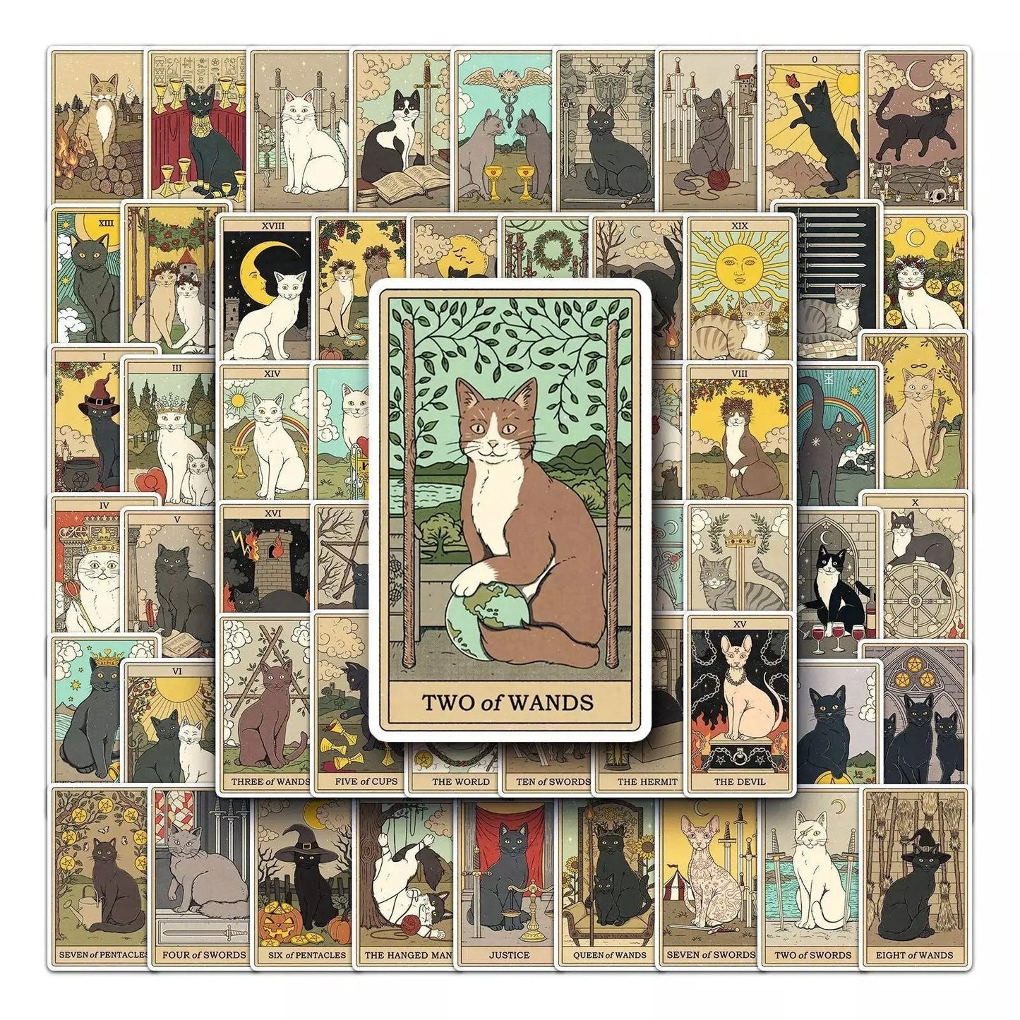 Tarot Card Stickers | Cat | Witchy | Funny | Pack of 10 20 30 40 50 | Glossy Vinyl | Waterproof | Gift Crystal Eyes It