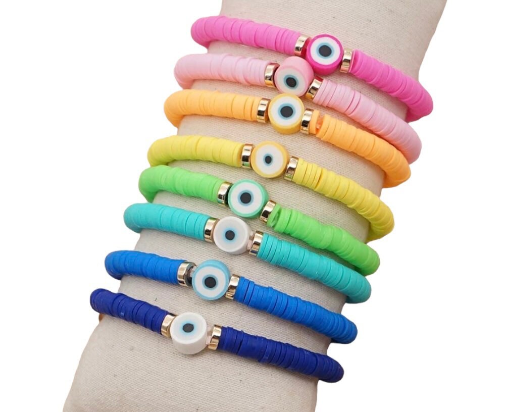 Evil Eye Bracelet | Heishi Clay Beads | Colorful | Summer | Mal de Ojo | Protection Symbol | Good Luck Charm | Talisman | Jewelry | Gift Crystal Eyes It