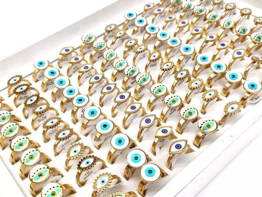 Evil Eye Ring | Nazar | Matiasma | Mal de Ojo | Protection Symbol | Good Luck Charm | Talisman | Stainless Steel | Gold | Jewelry | Gift Crystal Eyes It