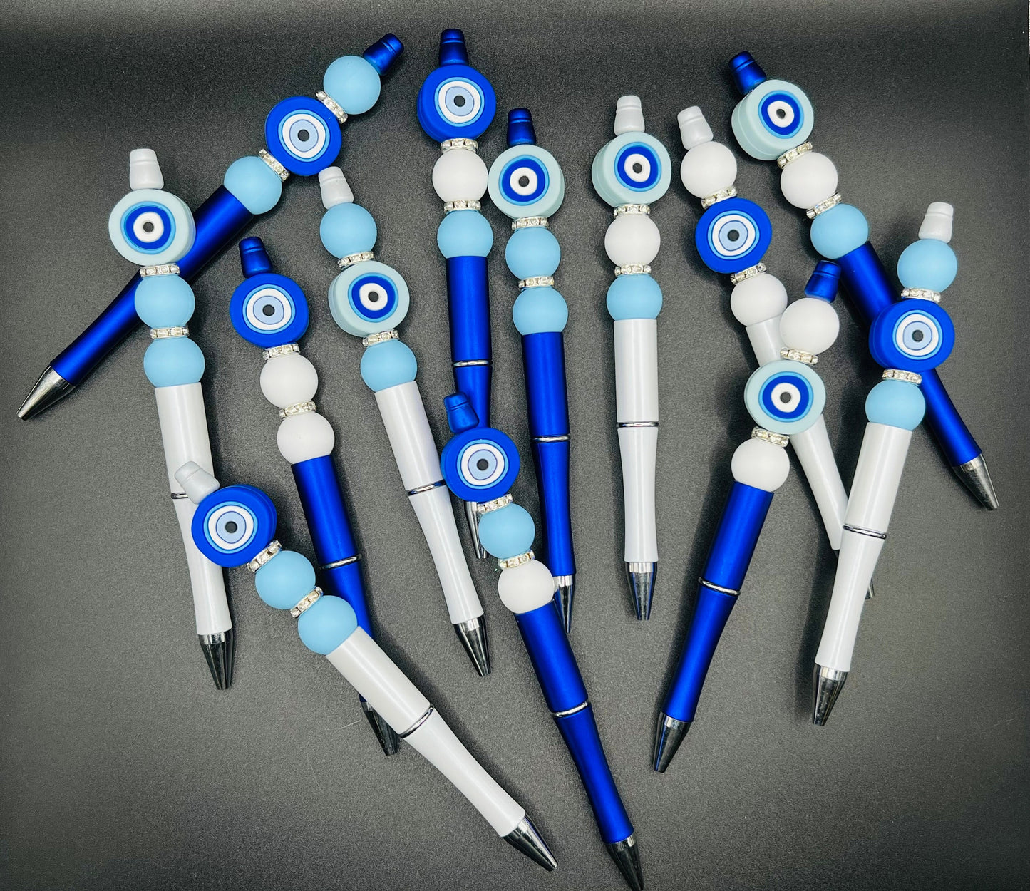 Evil Eye Beaded Pen | Custom | Silicon Beads | White | Silver | Blue | Customizable | Personalized | Made to Order | Gift Crystal Eyes It