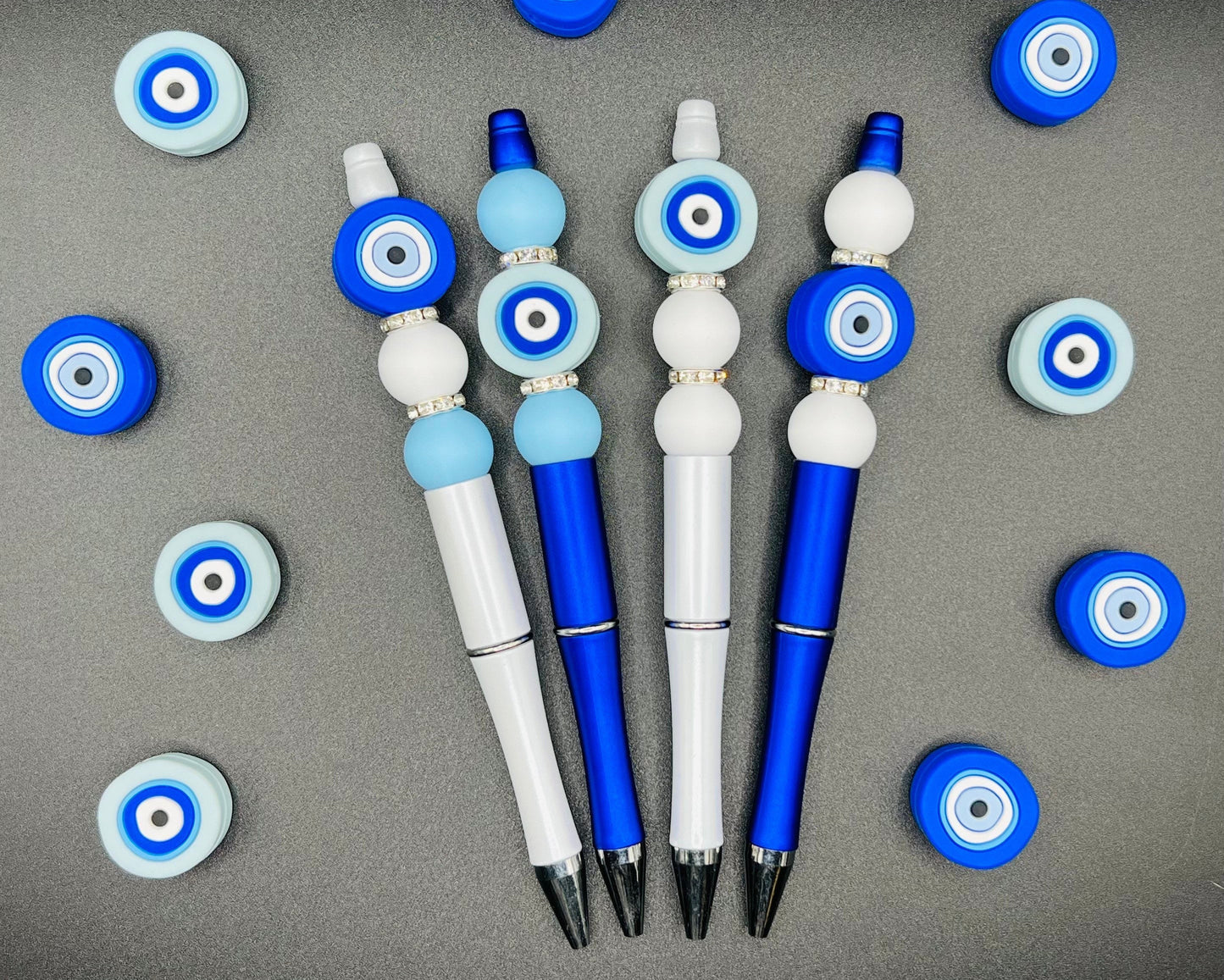 Evil Eye Beaded Pen | Custom | Silicon Beads | White | Silver | Blue | Customizable | Personalized | Made to Order | Gift Crystal Eyes It