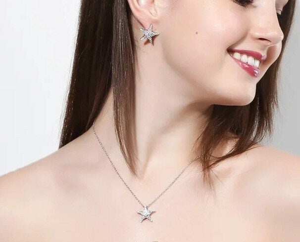 Star Earrings | Necklace | Jewelry Set | 925 Silver | Zircon | Pendant | Gift Crystal Eyes It