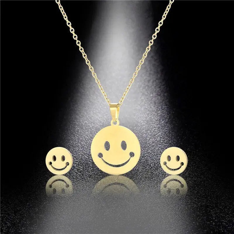 Smiley Face Necklace | Earring Set | Happy Face Gold | Stainless Steel | Chain | Pendant | Gift
