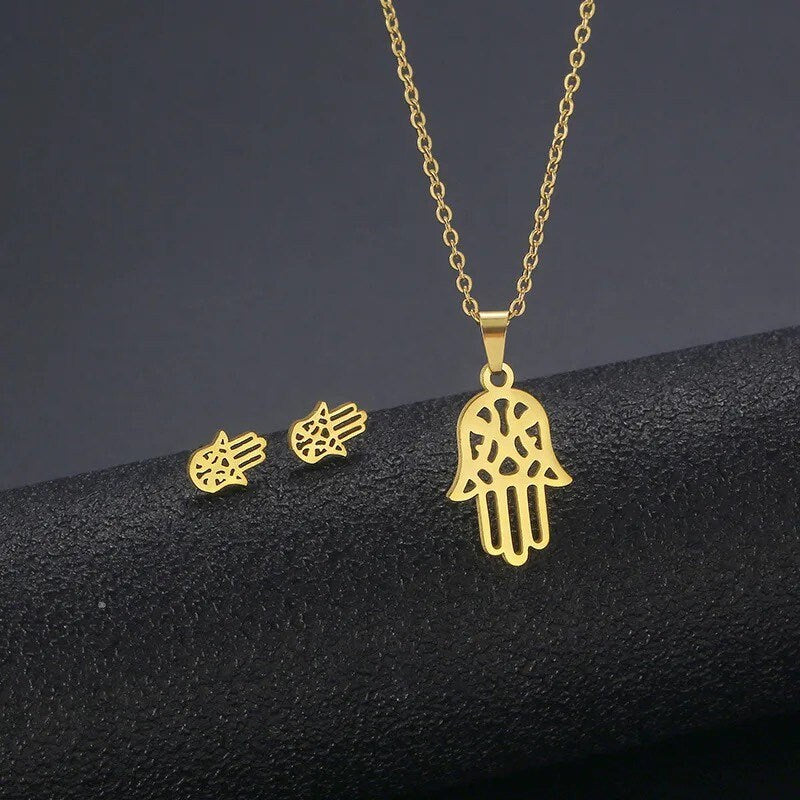 Hamsa Necklace | Earring Set | Gold | Stainless Steel | Chain | Pendant | Gift Crystal Eyes It