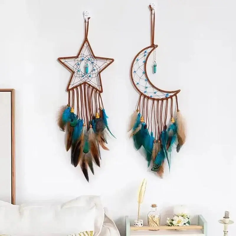 Star Moon Dreamcatcher | Dream Catcher | Wall Hanging Decoration | Boho | Brown | Teal | Blue | Green | Feathers | Art | Gift Crystal Eyes It
