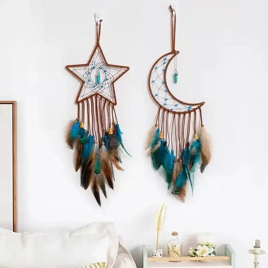Star Moon Dreamcatcher | Dream Catcher | Wall Hanging Decoration | Boho | Brown | Teal | Blue | Green | Feathers | Art | Gift Crystal Eyes It