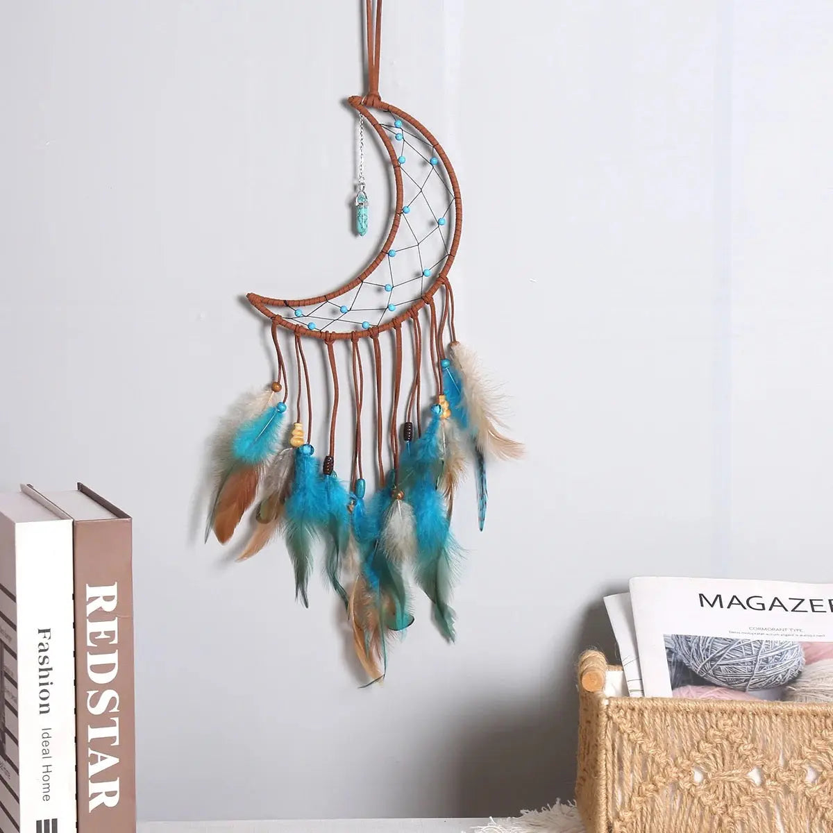 Star Moon Dreamcatcher | Dream Catcher | Wall Hanging Decoration | Boho | Brown | Teal | Blue | Green | Feathers | Art | Gift Crystal Eyes It