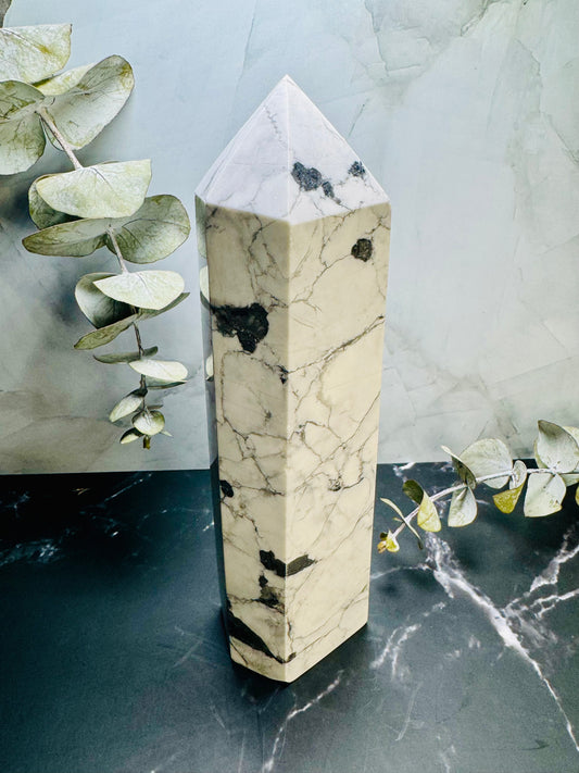 Howlite Crystal Tower Point 8.5” | Large | Crystal Decor | Healing | Gift Crystal Eyes It