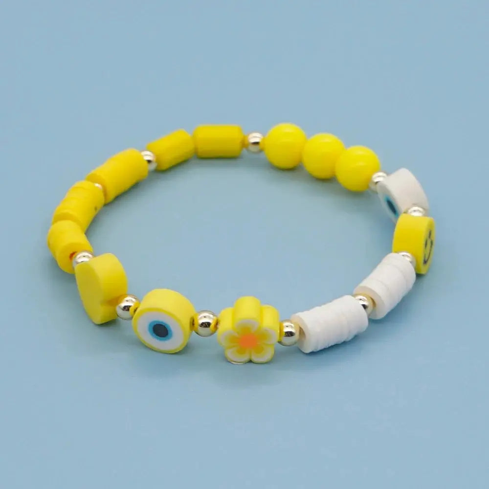 Evil Eye Bracelet | Happy Face | Smiley | Flowers | Yellow | Heishi Clay Beads | Protection | Good Luck Charm | Talisman | Jewelry | Gift Crystal Eyes It