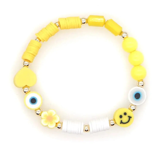 Evil Eye Bracelet | Happy Face | Smiley | Flowers | Yellow | Heishi Clay Beads | Protection | Good Luck Charm | Talisman | Jewelry | Gift Crystal Eyes It