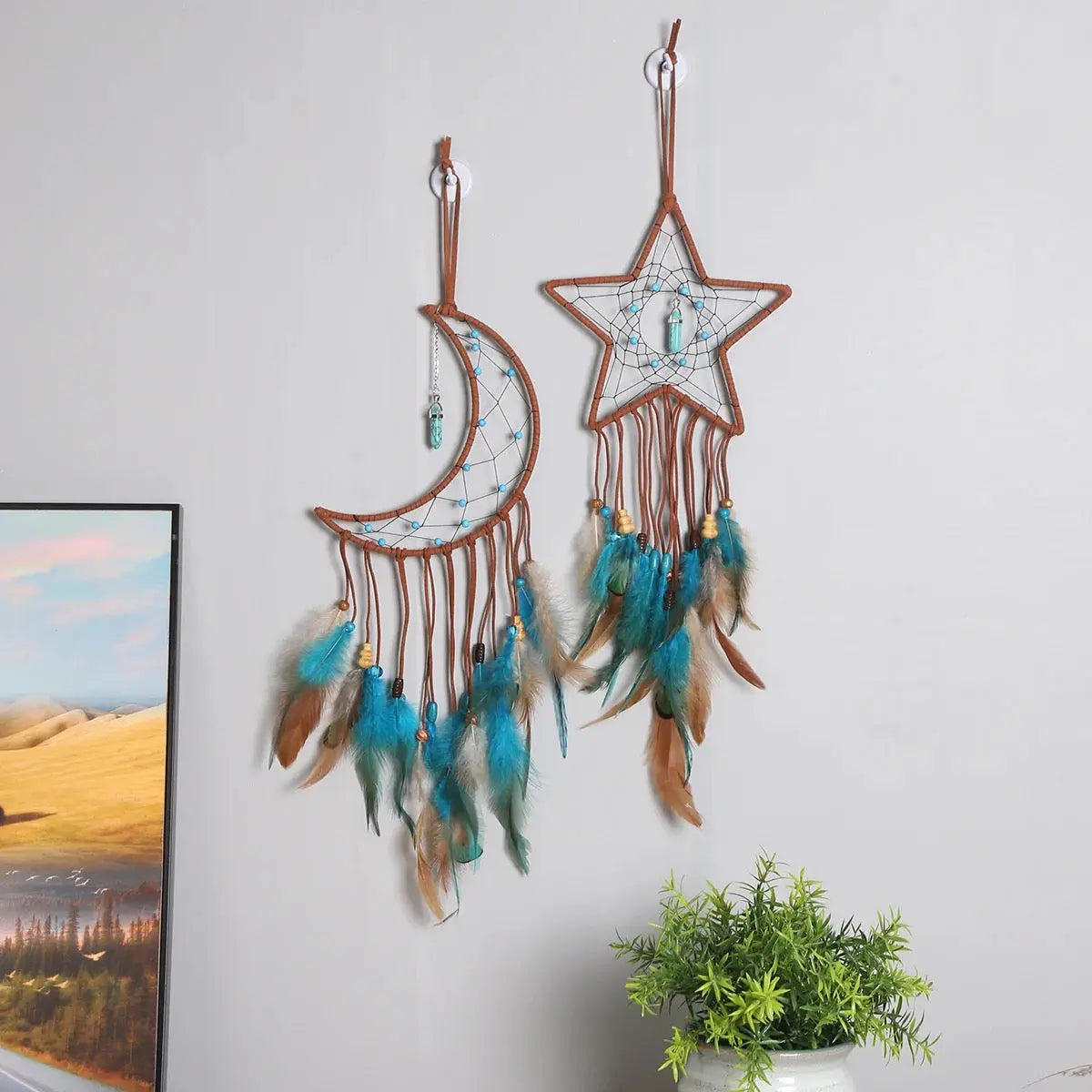 Star Moon Dreamcatcher | Dream Catcher | Wall Hanging Decoration | Boho | Brown | Teal | Blue | Green | Feathers | Art | Gift Crystal Eyes It