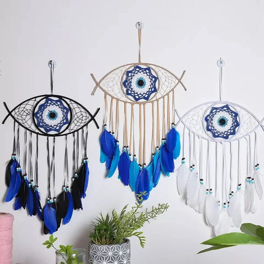 Evil Eye Dreamcatcher | White | Black | Brown | Dream Catcher | Wall Hanging Decoration | Boho | Feathers | Art | Gift Crystal Eyes It