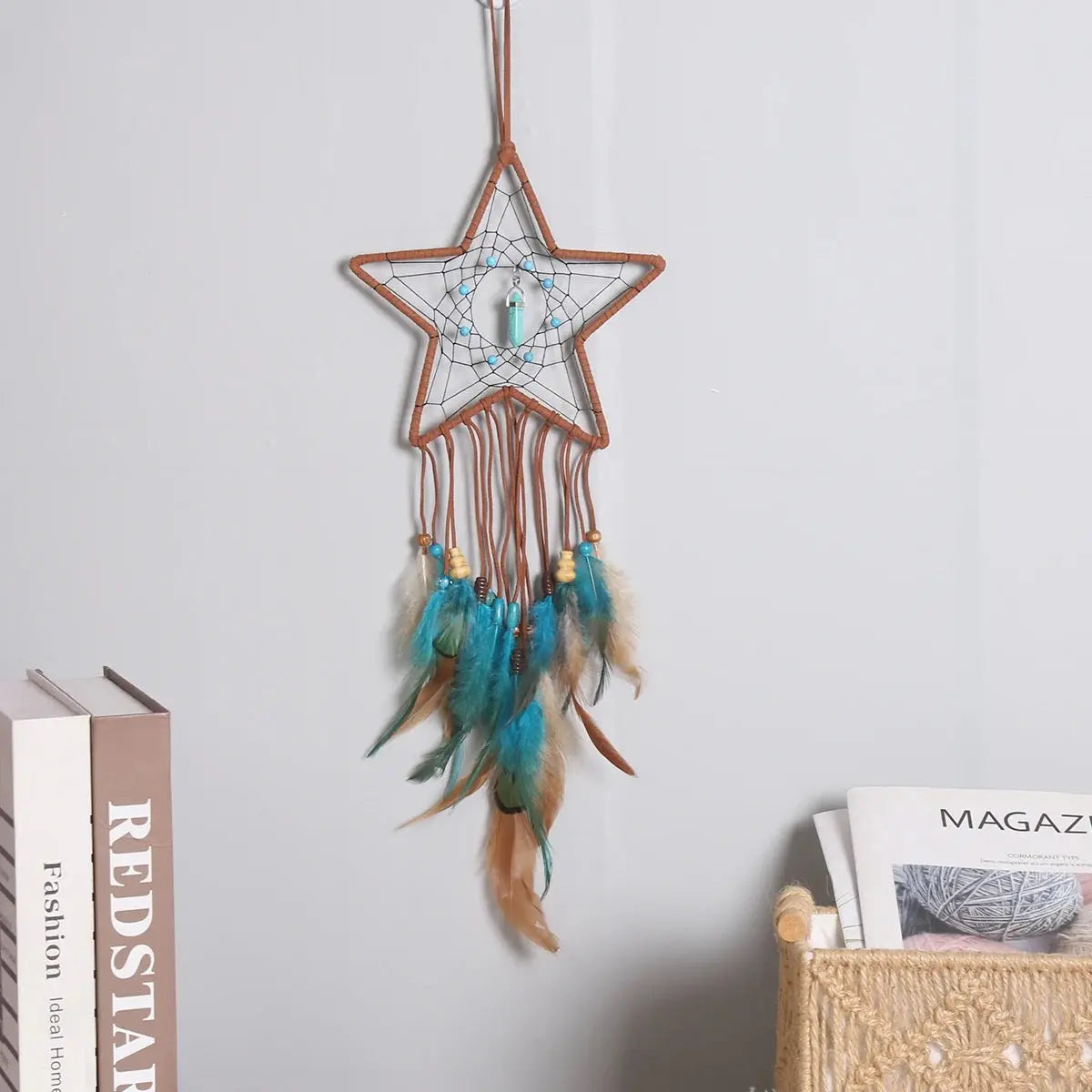 Star Moon Dreamcatcher | Dream Catcher | Wall Hanging Decoration | Boho | Brown | Teal | Blue | Green | Feathers | Art | Gift Crystal Eyes It