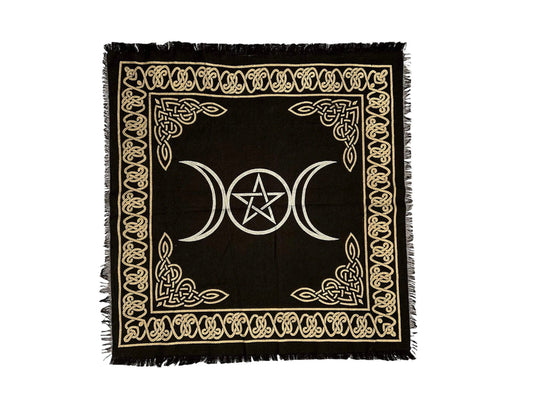 Altar Cloth | 24” x 24” | Triple Moon With Pentacle | Pentagram | Star | Black and Gold | Decor | Gift Crystal Eyes It