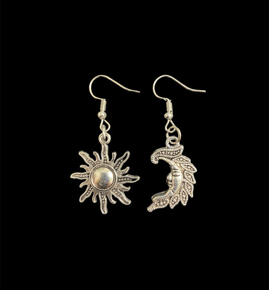Sun and Moon Earrings | Crescent Moon | Mismatched | Dangling | Silver | Bohemian | Boho | Jewelry | Gift Crystal Eyes It