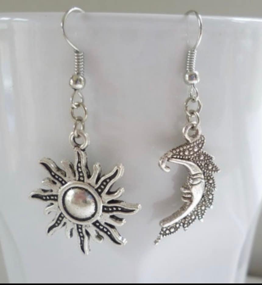 Sun and Moon Earrings | Crescent Moon | Mismatched | Dangling | Silver | Bohemian | Boho | Jewelry | Gift Crystal Eyes It