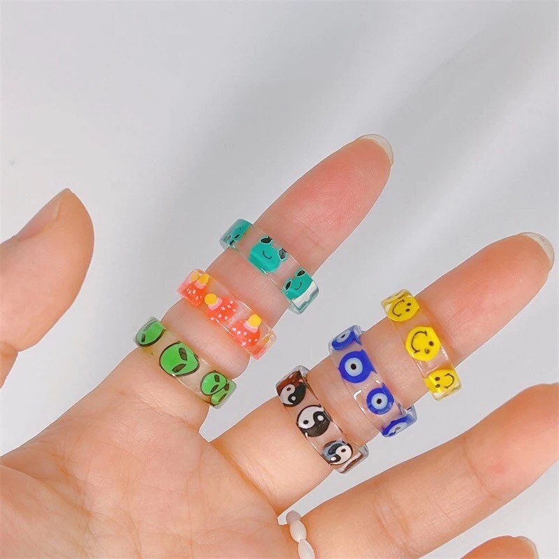 Rings | Evil Eye | Smiley Face | Alien | Yin Yang | Band Ring | Size 6 | Colorful | Fun | Gift Crystal Eyes It