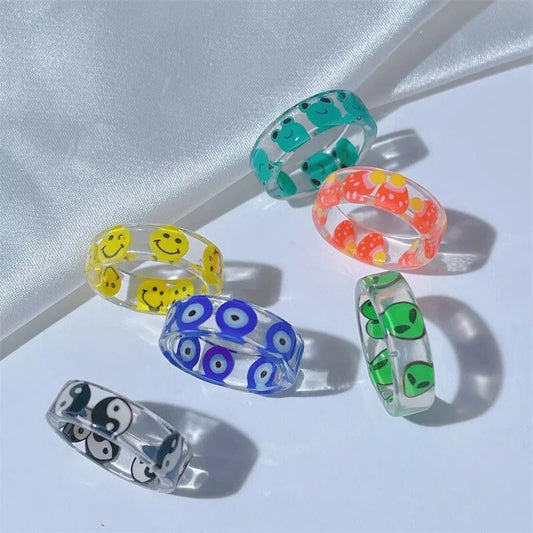 Rings | Evil Eye | Smiley Face | Alien | Yin Yang | Band Ring | Size 6 | Colorful | Fun | Gift Crystal Eyes It
