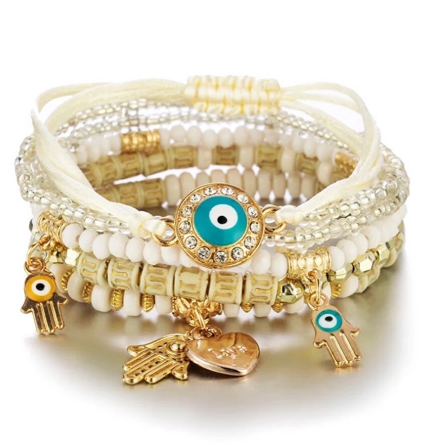 Evil Eye Bracelet | Hamsa | Nazar | Mal de Ojo | Protection Symbol | Good Luck Charm | Boho | Bohemian | Set | Jewelry | Gift Crystal Eyes It