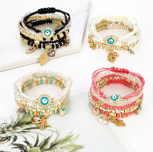 Evil Eye Bracelet | Hamsa | Nazar | Mal de Ojo | Protection Symbol | Good Luck Charm | Boho | Bohemian | Set | Jewelry | Gift Crystal Eyes It