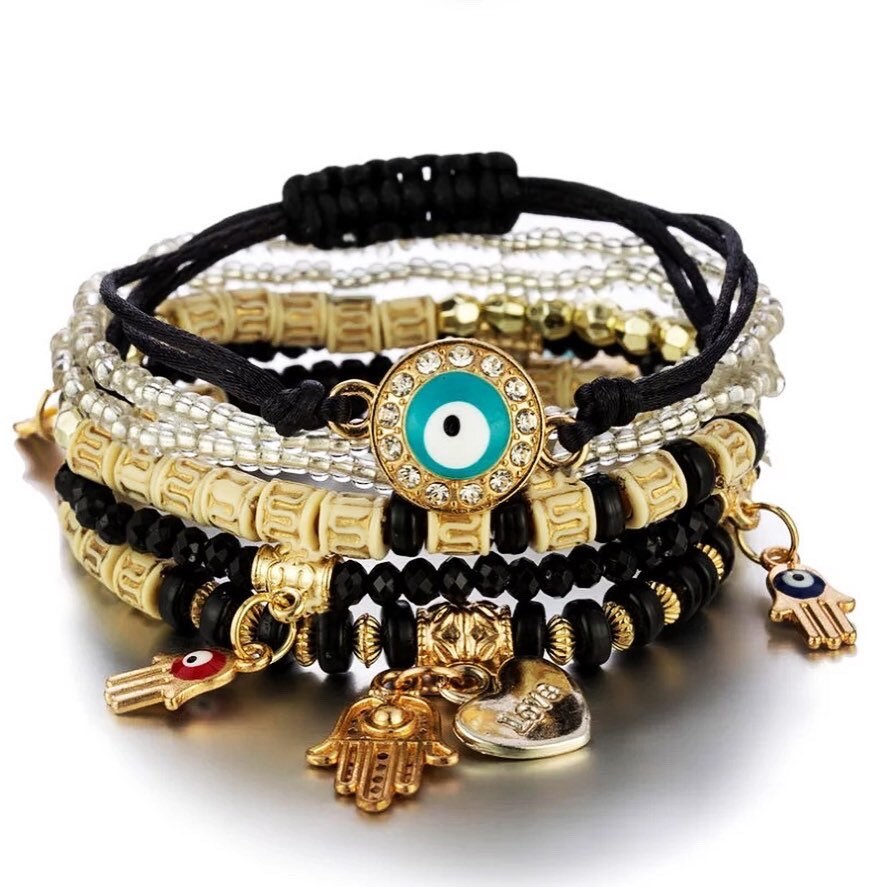 Evil Eye Bracelet | Hamsa | Nazar | Mal de Ojo | Protection Symbol | Good Luck Charm | Boho | Bohemian | Set | Jewelry | Gift Crystal Eyes It