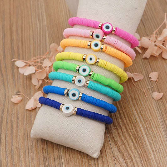 Evil Eye Bracelet | Heishi Clay Beads | Colorful | Summer | Mal de Ojo | Protection Symbol | Good Luck Charm | Talisman | Jewelry | Gift Crystal Eyes It