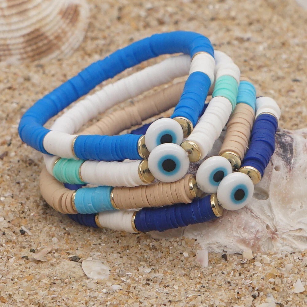 Evil Eye Bracelet | Heishi Clay Beads | Colorful | Summer | Mal de Ojo | Protection Symbol | Good Luck Charm | Talisman | Jewelry | Gift Crystal Eyes It