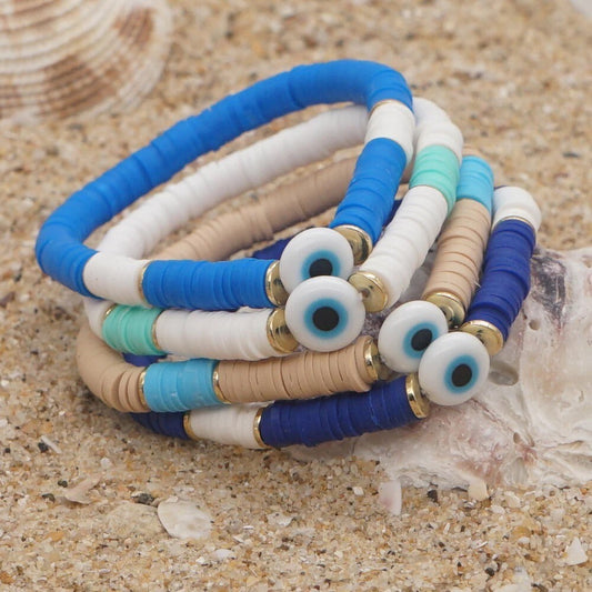 Evil Eye Bracelet | Heishi Clay Beads | Colorful | Summer | Mal de Ojo | Protection Symbol | Good Luck Charm | Talisman | Jewelry | Gift Crystal Eyes It