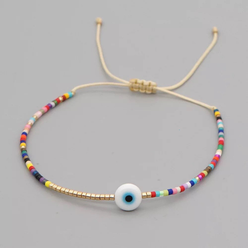 Evil Eye Bracelet | Seed Beads | Adjustable Colorful | Summer | Mal de Ojo | Protection Symbol | Good Luck Charm | Talisman | Jewelry | Gift Crystal Eyes It