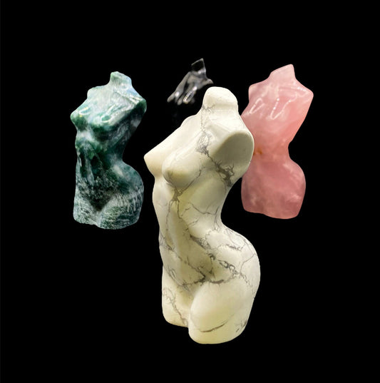 Crystal Statue | 3” Goddess | Woman Torso |Howlite | Moss Agate | Rose Quartz | Quartz | Obsidian | Altar Decor | Decoration | Gift Crystal Eyes It