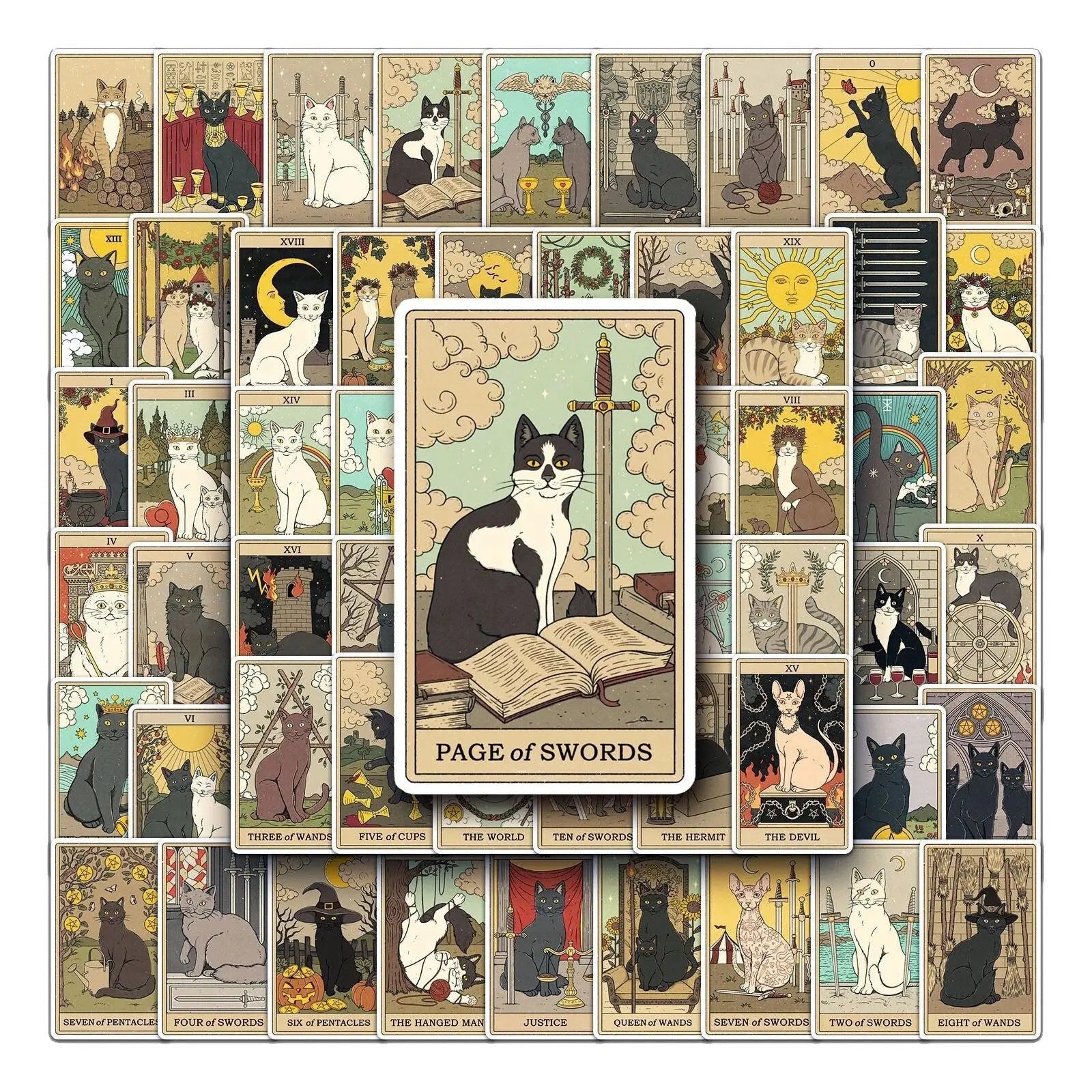 Tarot Card Stickers | Cat | Witchy | Funny | Pack of 10 20 30 40 50 | Glossy Vinyl | Waterproof | Gift Crystal Eyes It