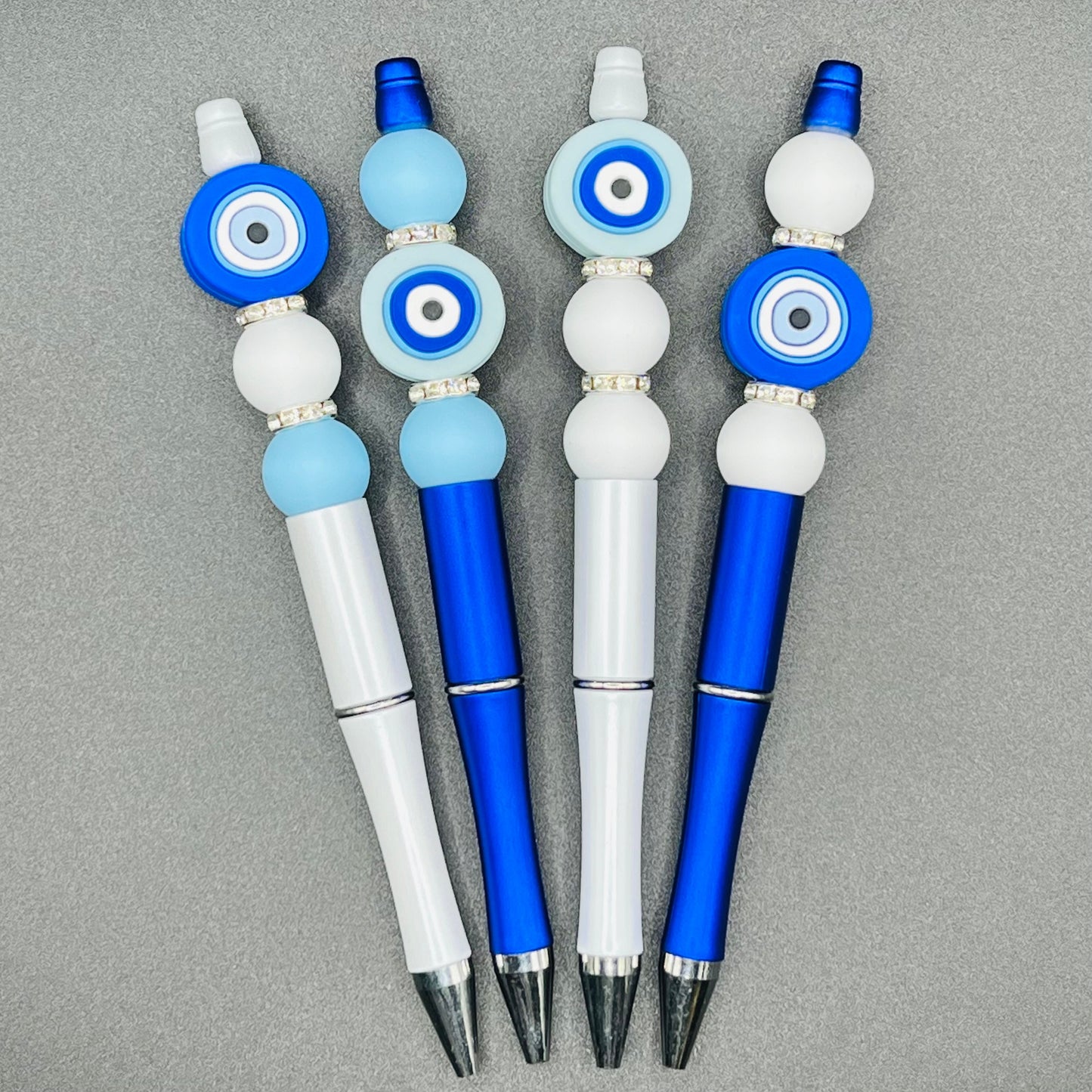 Evil Eye Beaded Pen | Custom | Silicon Beads | White | Silver | Blue | Customizable | Personalized | Made to Order | Gift Crystal Eyes It