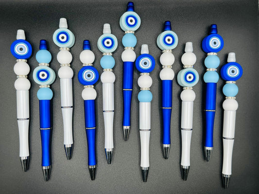 Evil Eye Beaded Pen | Custom | Silicon Beads | White | Silver | Blue | Customizable | Personalized | Made to Order | Gift Crystal Eyes It