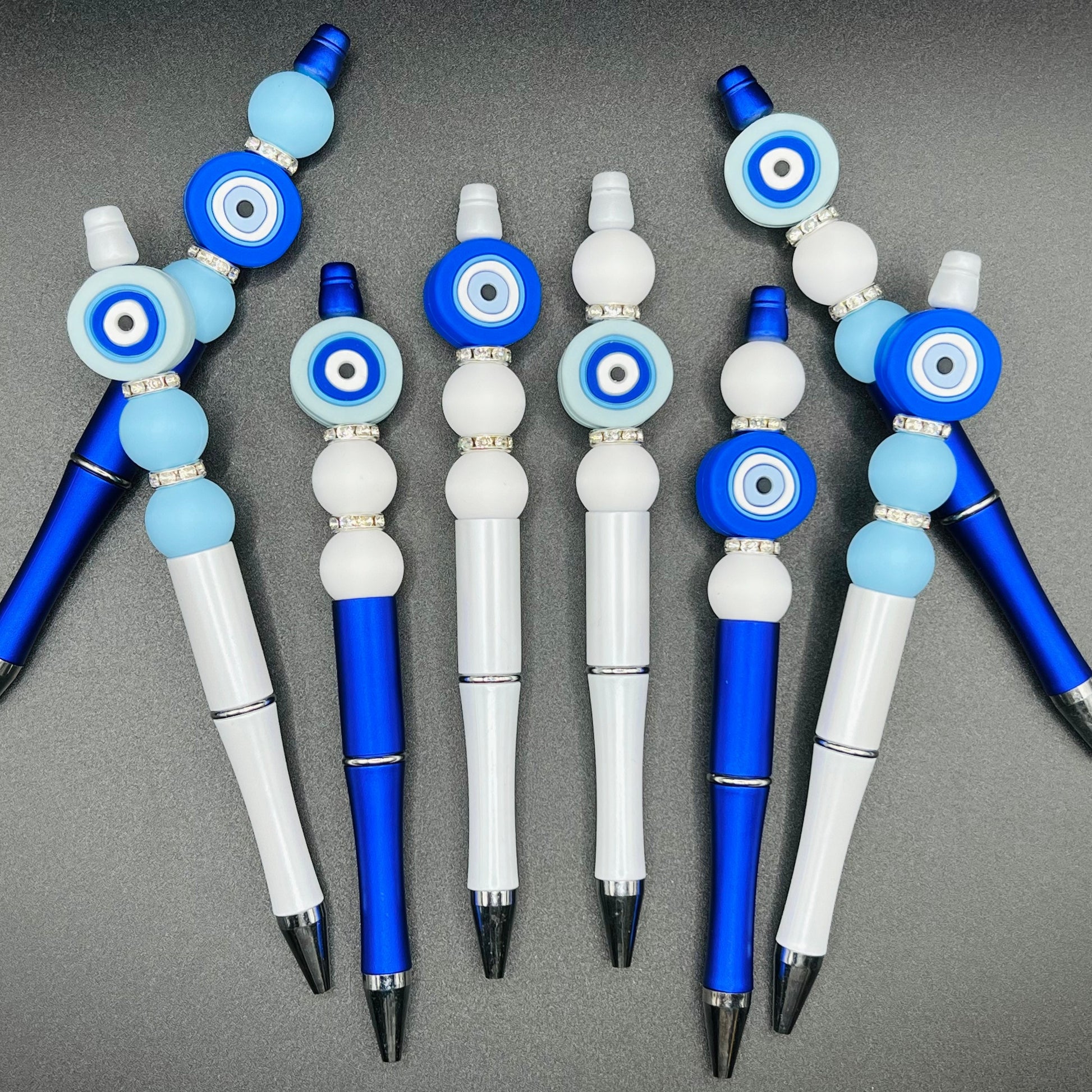 Evil Eye Beaded Pen | Custom | Silicon Beads | White | Silver | Blue | Customizable | Personalized | Made to Order | Gift Crystal Eyes It