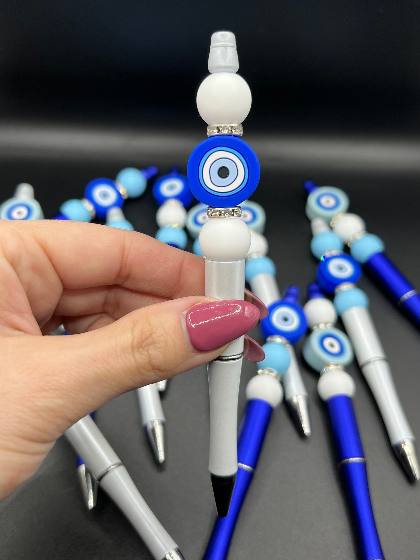Evil Eye Beaded Pen | Custom | Silicon Beads | White | Silver | Blue | Customizable | Personalized | Made to Order | Gift Crystal Eyes It