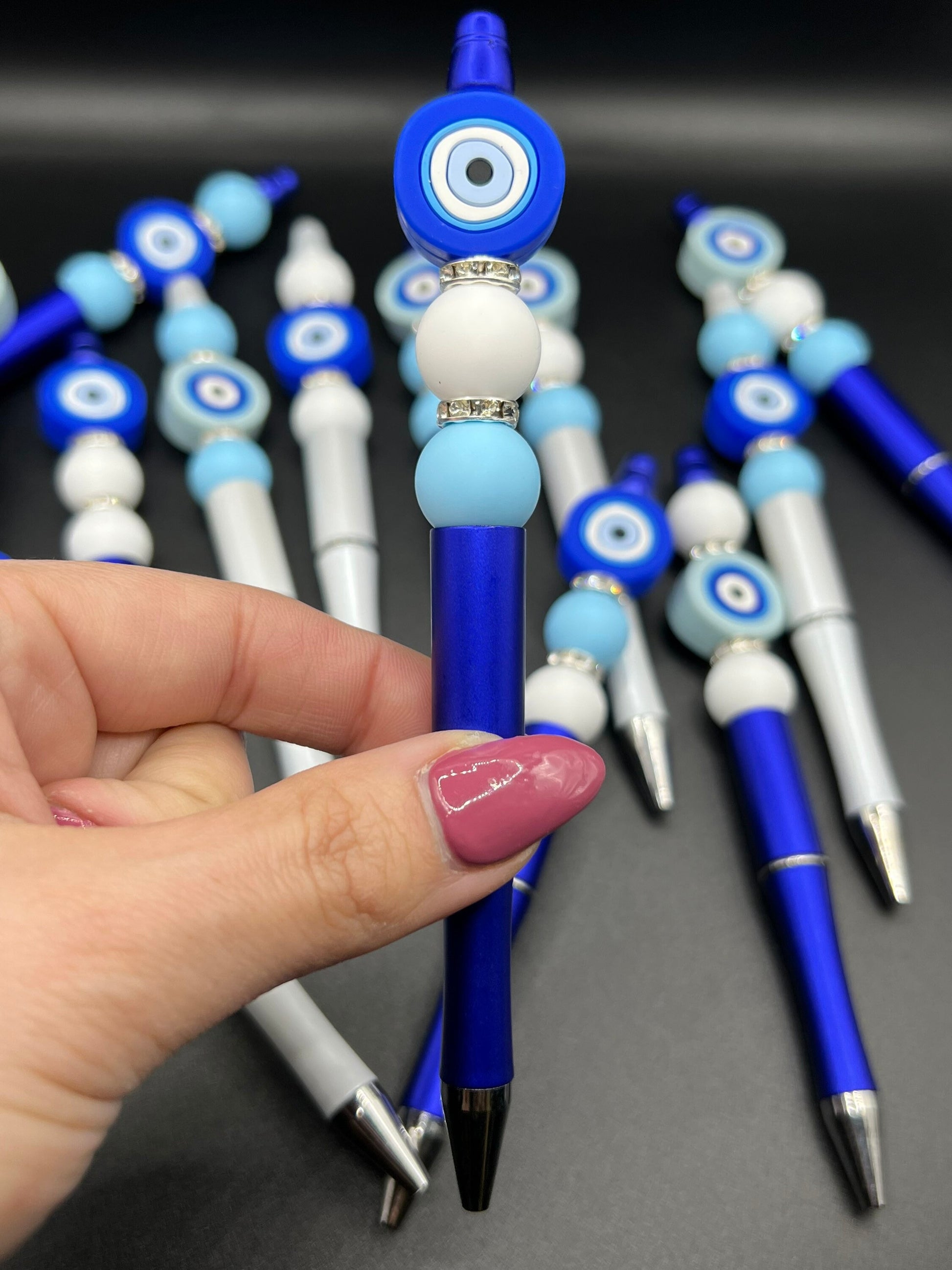 Evil Eye Pen | Custom | Beaded Pen | Silicon Beads | White | Silver | Blue | Customizable | Gift My Store