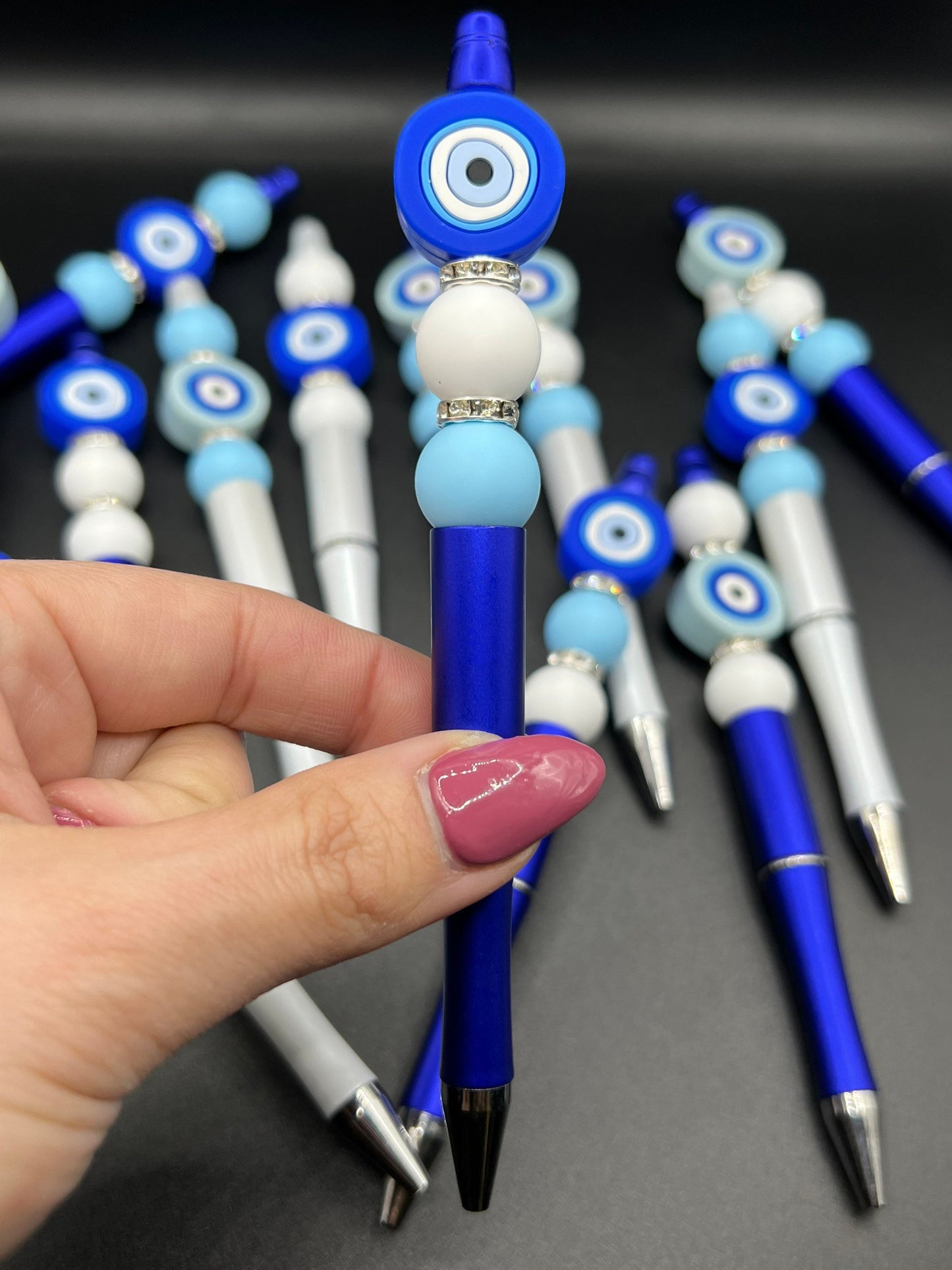 Evil Eye Beaded Pen | Custom | Silicon Beads | White | Silver | Blue | Customizable | Personalized | Made to Order | Gift Crystal Eyes It