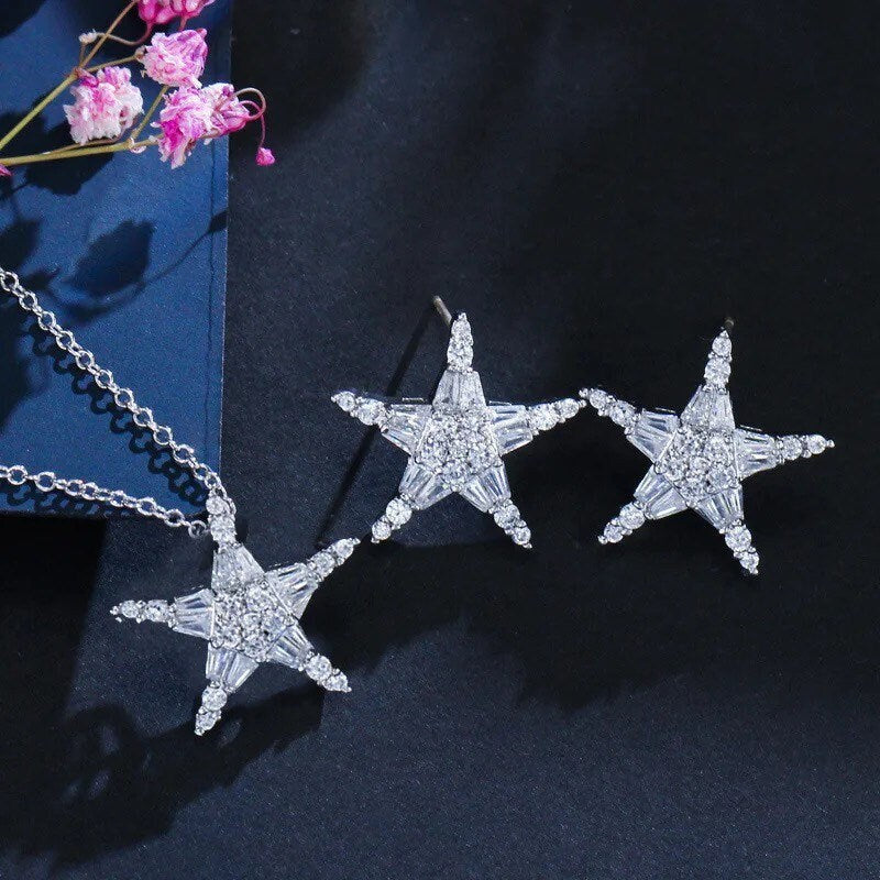 Star Earrings | Necklace | Jewelry Set | 925 Silver | Zircon | Pendant | Gift Crystal Eyes It