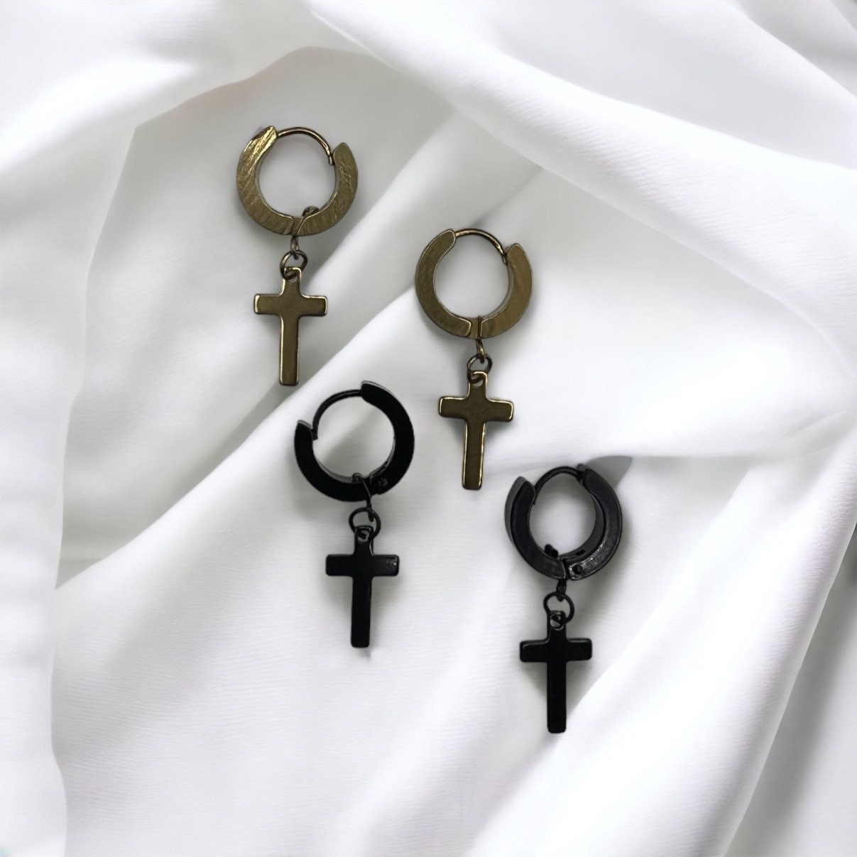 Cross Hoop Earrings | Stainless Steel | Dangling | Gold | Black | Gift Crystal Eyes It