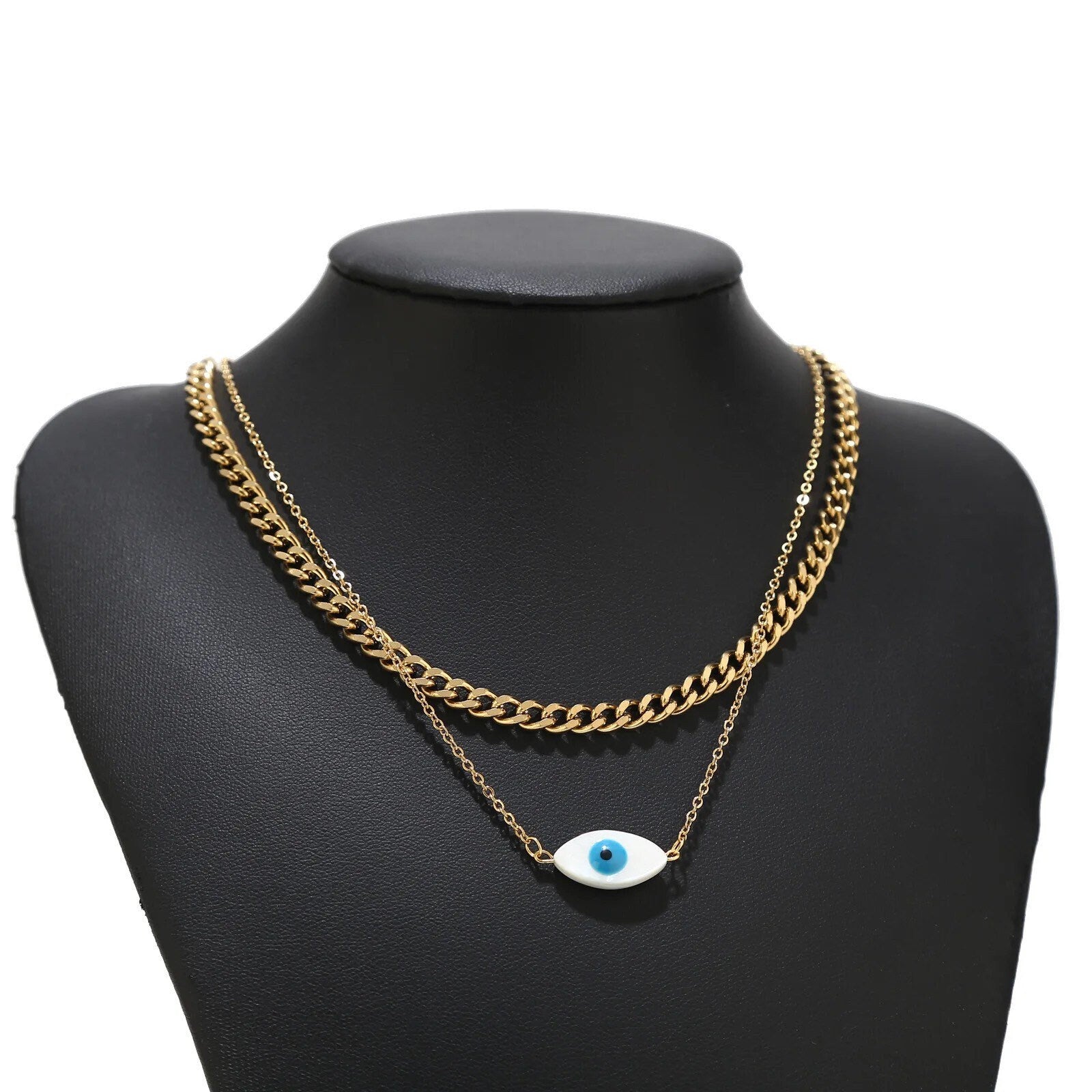 Evil Eye Necklace | Double Chain | Set | Shell Pendant | Gold | Stainless Steel | Gift Crystal Eyes It