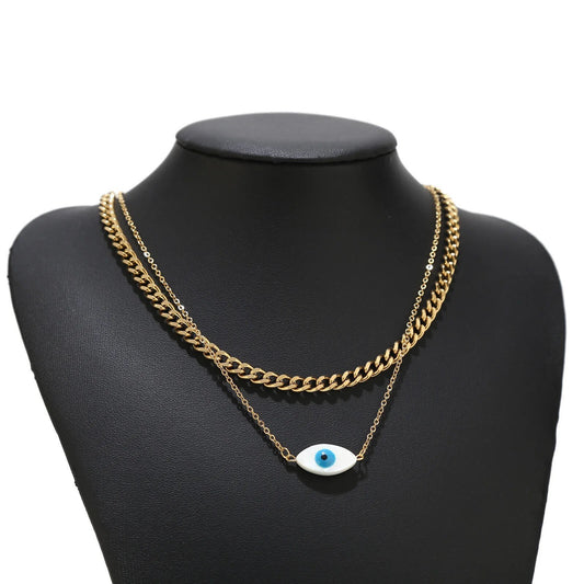 Evil Eye Necklace | Double Chain | Set | Shell Pendant | Gold | Stainless Steel | Gift Crystal Eyes It