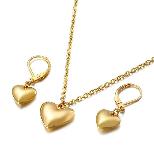 Heart Necklace | Earring Set | Gold | Stainless Steel | Chain | Pendant | Gift Crystal Eyes It