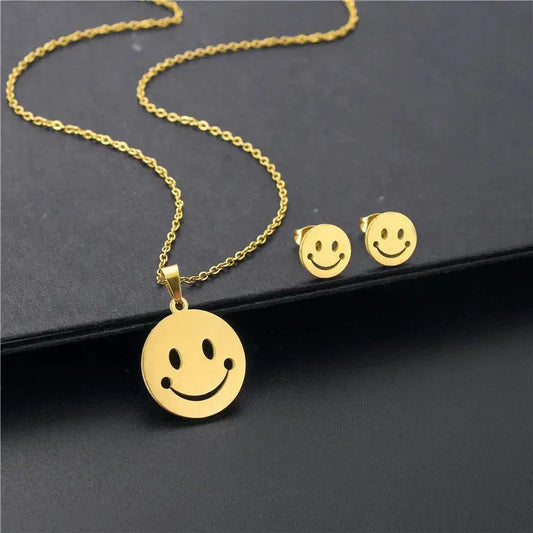 Smiley Face Necklace | Earring Set | Happy Face Gold | Stainless Steel | Chain | Pendant | Gift