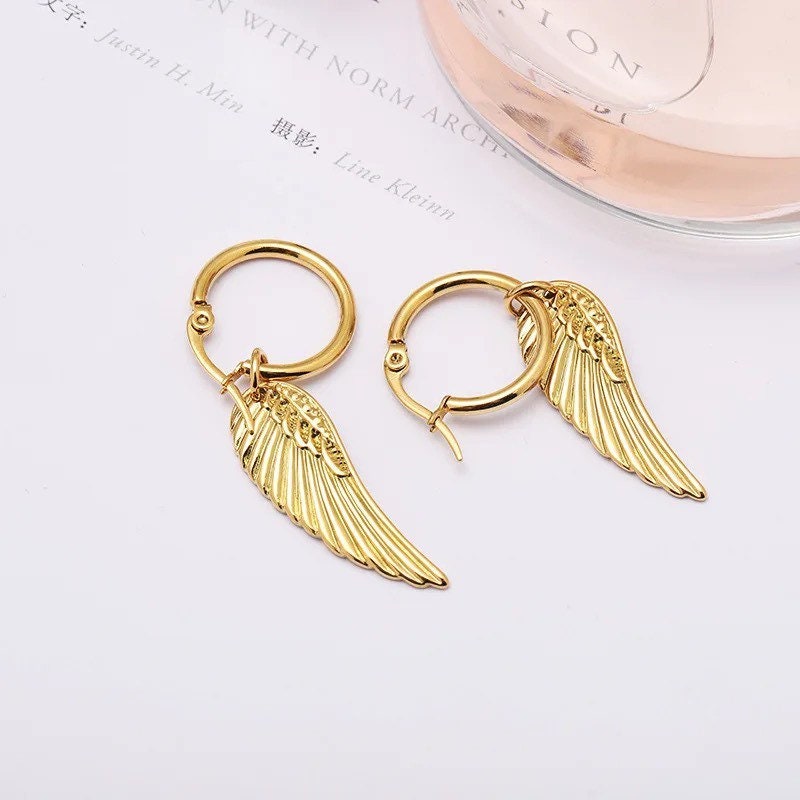Angel Wing Earrings | Hoop | Dangling | Drop | Gold | Stainless Steel | Gift Crystal Eyes It