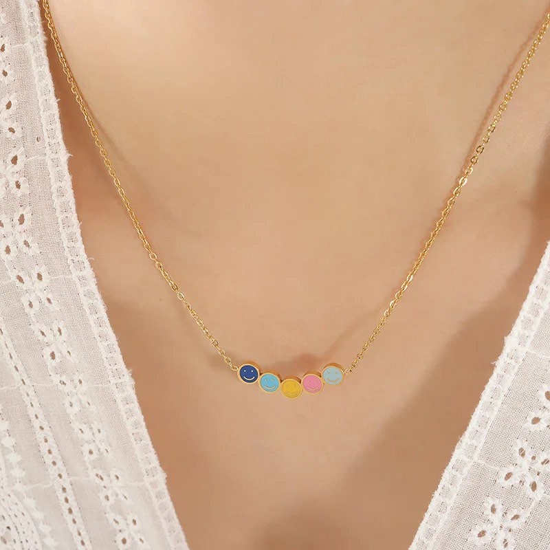 Smiley Face Necklace | Happy Face | Chain | Pendant | Gold | Stainless Steel | Colorful | Gift Crystal Eyes It