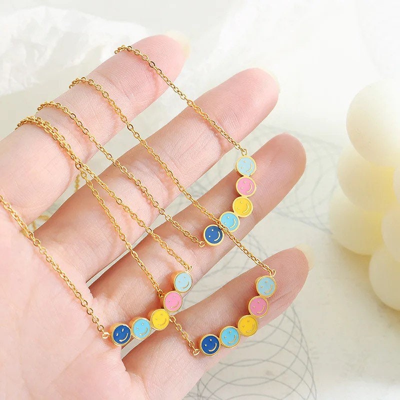 Smiley Face Necklace | Happy Face | Chain | Pendant | Gold | Stainless Steel | Colorful | Gift Crystal Eyes It