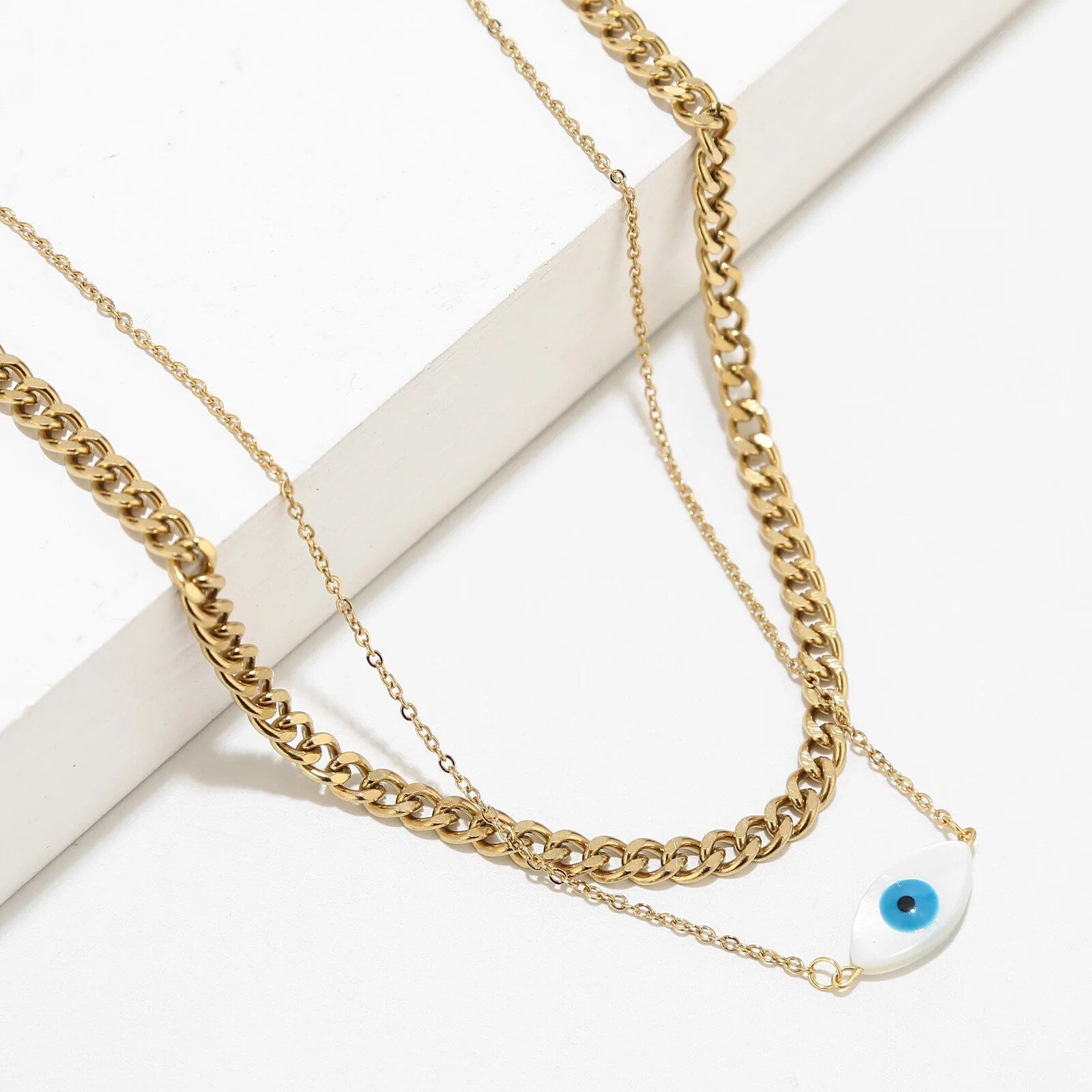 Evil Eye Necklace | Double Chain | Set | Shell Pendant | Gold | Stainless Steel | Gift Crystal Eyes It