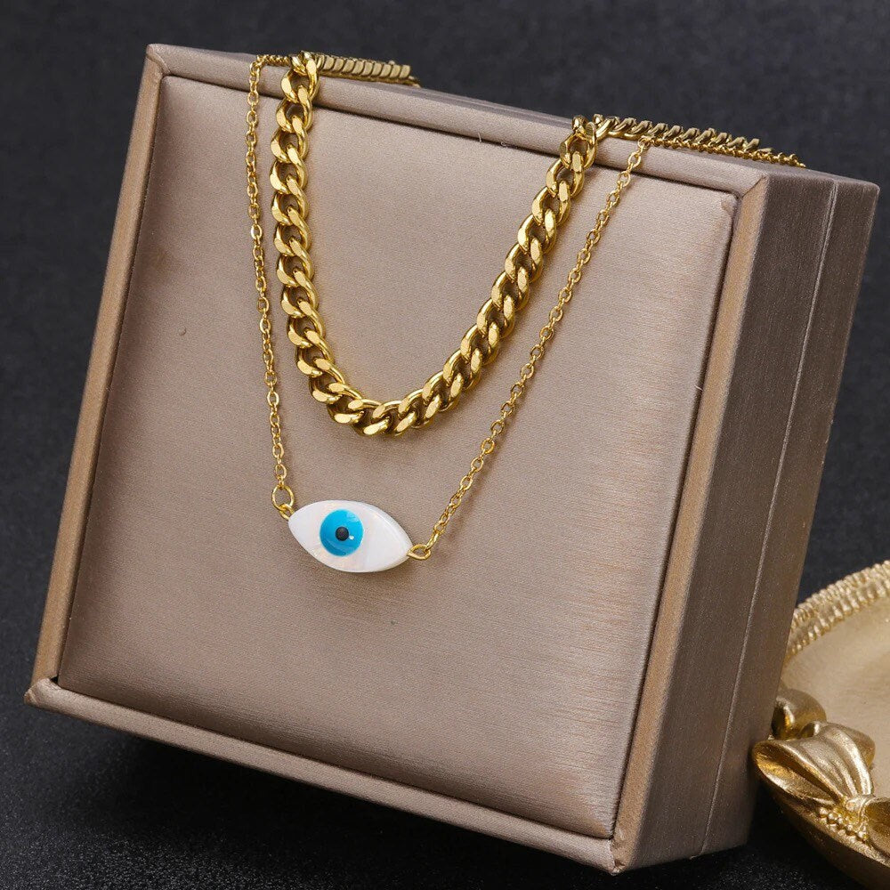 Evil Eye Necklace | Double Chain | Set | Shell Pendant | Gold | Stainless Steel | Gift Crystal Eyes It